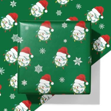Imagem de ZINTBIAL Papel de Embrulho de Beisebol de Natal - Design Esportivo Verde com Chapéus de Papai Noel, Flocos de Neve e Luzes de Natal - 4 Folhas de 71x101 cm