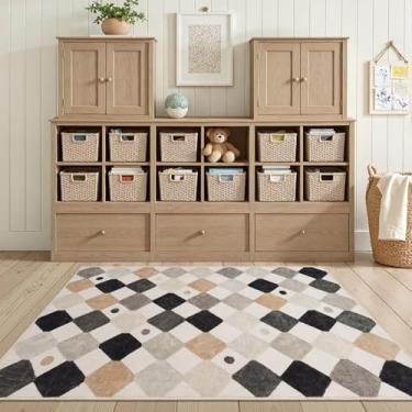 Imagem de jinchan Tapete de área infantil lavável interno antiderrapante preto e branco moderno tapete macio escola primária sala de aula tapete diamante para berçário, sala de jogos, creche, quarto, sala de