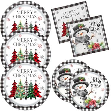Imagem de Dydamud Pratos e guardanapos de papel de Natal, conjunto de louça descartável, buffalo, xadrez, árvore de Natal, para decorações de festa de Natal, suprimentos para festas de fim de ano (preto)