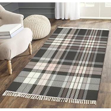 Imagem de Tapete de área com borla, xadrez, xadrez, preto, rosa, cinza, creme, marrom, tecido sem costura, franja, tapete de chão, pátio, corredor, minimalista, decoração de casa, sala de estar, quarto