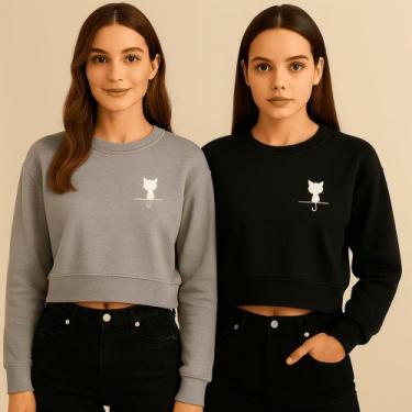 Imagem de Kits com 2 Croppeds Moletons - Estampa Gatinho  Feminino Casual  Pront