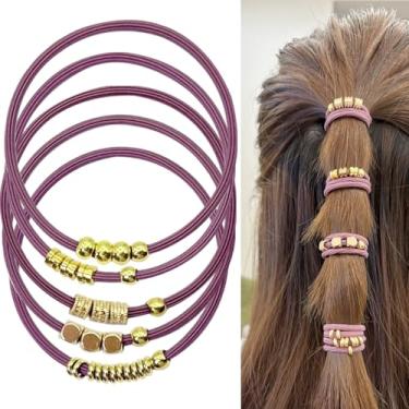 Imagem de Pulseira feminina elástica roxa para rabo de cavalo com suporte de rabo de cavalo com contas de metal douradas, faixas de cabelo decorativas elásticas com berloques, acessórios de rabo de cavalo com