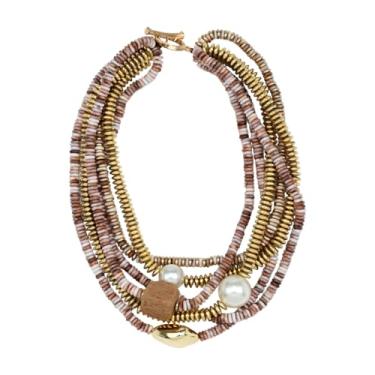 Imagem de Colar feminino Boho com vários fios, contas douradas, pérolas, madeira, tribal, étnico, negrito, chique, joia, 20.27 inch, Madeira Resina Pérola, Sem Pedra Preciosa