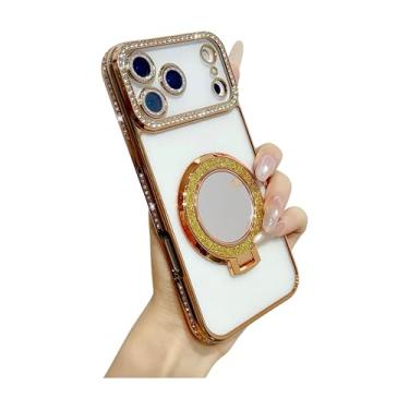 Imagem de Capa magnética transparente com glitter galvanizado, brilhante, anel de diamante, para iPhone, compatível com carregamento sem fio MagSafe (dourado, iPhone 15 Pro)