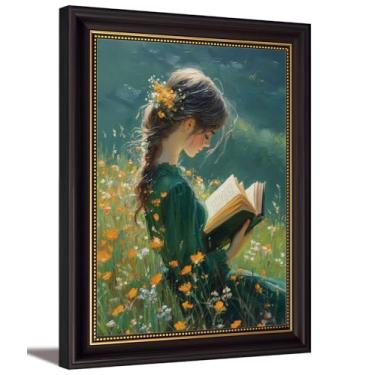 Imagem de Arte de parede vintage marrom escuro emoldurada, arte de parede, inspiradora, infantil, educacional, decoração de parede, imagem de menina lendo na grama, pôster impresso para quarto infantil, sala de