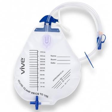 Imagem de Vive Saco de drenagem urinária de cabeceira com capacidade de 2000 ml, tubo de 45,72 cm - Bolsa de urina médica para usuários de cateter e incontinência - Válvula antirrefluxo, sem látex, resistente a