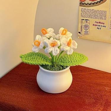 Imagem de Vaso de flores de crochê, Forget Me Not, miniflores artificiais, feito à mão, tricotado para casa, escritório, mesa, carro, decoração interna, presente de apreciação de aniversário atencioso para