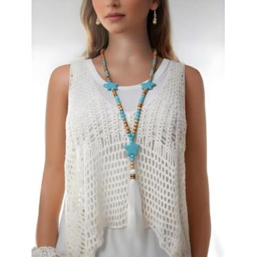 Imagem de Boho Colar longo de estrela azul para mulheres, colar longo com pingente de franja de borla de cristal mala, suéter, corrente étnica, joias modernas, presente