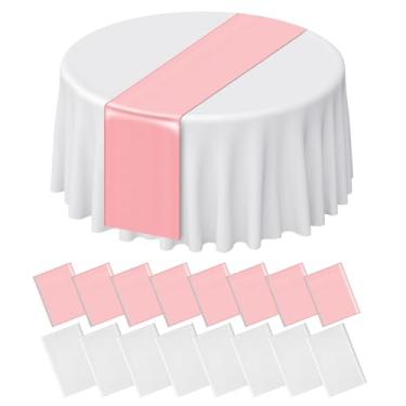 Imagem de Barafat Conjunto de 16 peças de toalha de mesa redonda de plástico e corredor de mesa de cetim, capas redondas de 203 cm x 272 cm, corredores de mesa para Natal, casamento, festa de aniversário, bebê