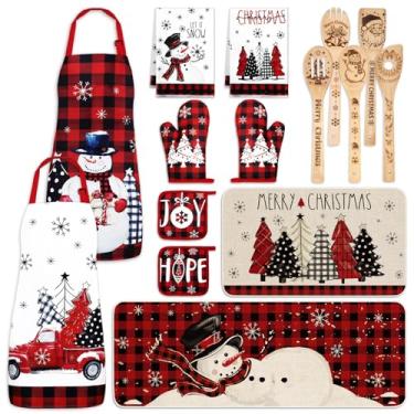 Imagem de Whaline Conjunto de 15 peças de acessórios de cozinha de Natal buffalo, xadrez, boneco de neve, aventais, toalhas de prato, tapetes de cozinha, colheres de madeira, luvas de forno, suportes de panela
