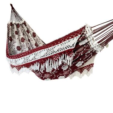 Imagem de Rede de Dormir Casal Indiana Artesanal 100% Algodão Luxo 4,20m – Rede de Descanso Reforçada para Varanda e Jardim(VINHO BRANCO)