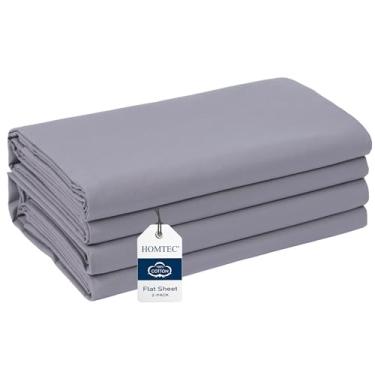 Imagem de HOMTEC Lençol de cima solteiro/solteiro GG, pacote com 2, 100% algodão, percal, lençol de cima branco respirável e durável para hospital, hotel, dormitório (170 x 256 cm, cinza)