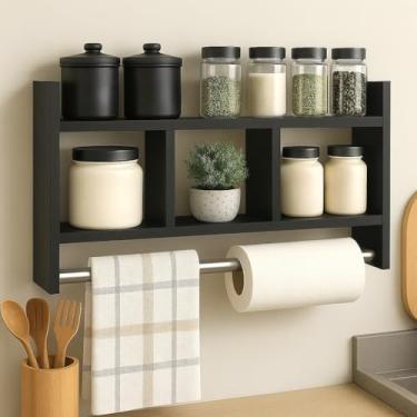 Imagem de Nicho Porta Papel Toalha e Condimentos Potes Cozinha Banheiro 100% MDF BRANCO TX 15mm Tubo Metal Montado(Preto)