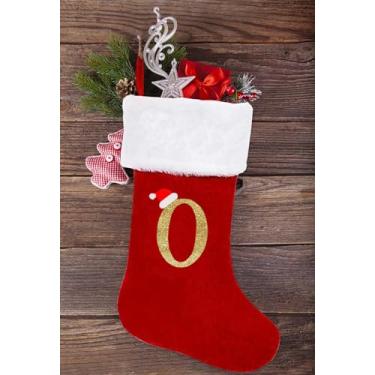 Imagem de Meia inicial grande de Natal Glodecart para crianças em família, bordado letra O vermelho veludo monograma meia de Natal para pingente de Natal, enfeites de pendurar em casa, decoração de festa, meia