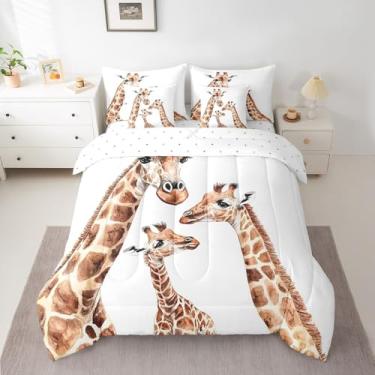 Imagem de Feelyou Jogo de cama de casal com estampa de girafa fofa, 7 peças, de animais de zoológico, ultramacio, inclui edredom, lençol e fronhas
