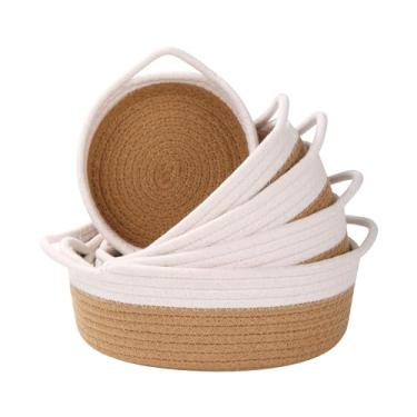 Imagem de Cestos pequenos de tecido, prateleiras, caixotes de corda de algodão natural com alça, papel higiênico para bancada, presentes fofos para organizar mini berçário, 5 caixas (branco e juta)