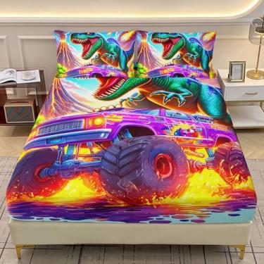 Imagem de AILONEN Jogo de lençol colorido de caminhão monstro para crianças, meninos, tamanho GG, dinossauros rugindo e vulcões, microfibra macia, 1 bolso profundo e 2 fronhas, 3 peças