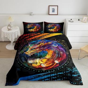 Imagem de Feelyou Conjunto de edredom casal de dragão, para meninos, meninas, adolescentes, vida selvagem, conjunto de edredom para decoração de quarto, preto, laranja, amarelo