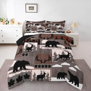 Imagem de Feelyou Conjunto de edredom infantil rústico, xadrez, tamanho casal, cabana, alce, alce, alce, edredom para quarto de crianças, meninos, meninas, bosque, cinza, marrom, decoração de microfibra