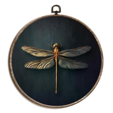 Imagem de laveliabel Decoração de parede vintage Dragonfly Round Canvas Art, Dark Academia Insect Framed Canvas Prints, Moody Dragonfly Round Hanging Wall Decor for Home Girls Room Nursery Gallery, 25 x 25 cm