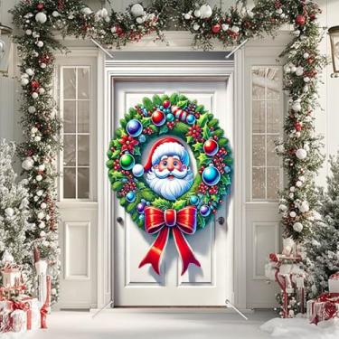 Imagem de BlissYard Capa de porta de Natal, guirlanda de Papai Noel com ornamentos e laço vermelho, decoração festiva de portas festivas para ambientes internos e externos, banners de porta da frente e
