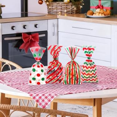 Imagem de 100 sacos de presente de celofane de Natal com laços torcidos, sacos clássicos de biscoito de plástico vermelho verde e vermelho, saco de presente de presente de Natal com 4 designs de listras de