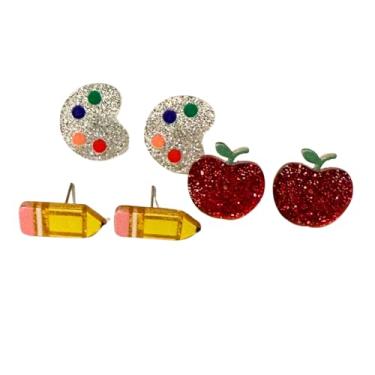 Imagem de Conjunto de brincos com tema escolar, 3 pares, maçã vermelha, paleta de tinta prateada, design de lápis amarelo
