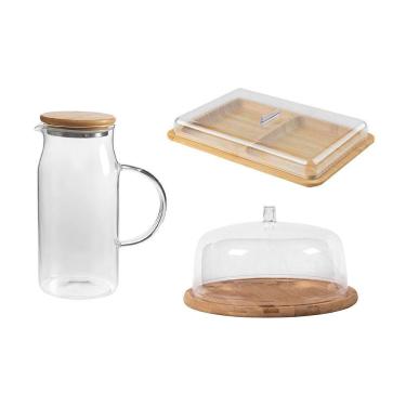 Imagem de Kit Para Servir Com 01 Jarra De Vidro 1,15 L + 01 Porta Frios + 01 Boleira Em Bambu Ou