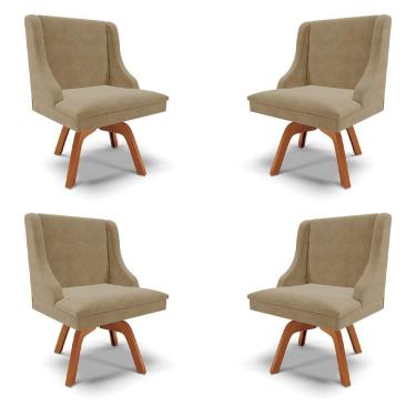 Imagem de Kit 4 Cadeiras Decorativas Sala De Jantar Base Giratória De Madeira Firenze Suede Nude/natural G19