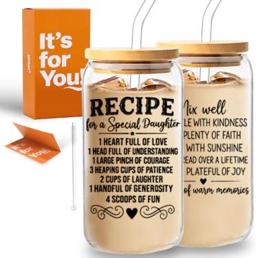 Imagem de Gifts for Daughter from Mom, Dad - To My Daughter Aesthetic Copo de vidro em forma de lata, copo de café gelado de 473 ml - Conjunto de presente de aniversário, formatura, Natal com tampa, canudo e