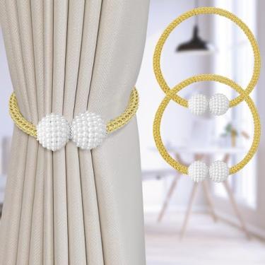 Imagem de Pacote com 2 laços magnéticos para cortina, suportes de corda de pérola, decorativos, retentores de cortina, elegantes para decoração de quarto (ouro)