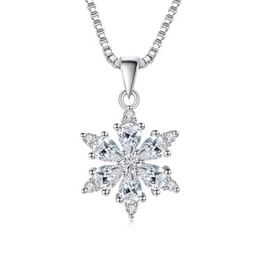 Imagem de Colar feminino S925 de prata esterlina com pingente de floco de neve com pingente de floco de neve de cristal brilhante delicado flor de inverno ajustável corrente de cobra colares moda festa de Natal
