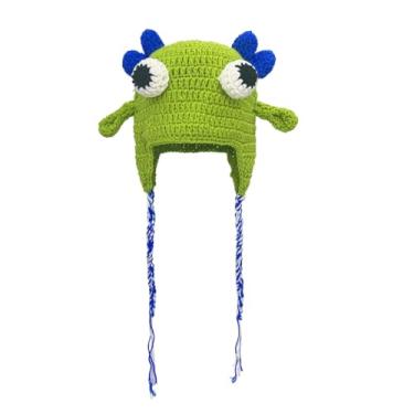 Imagem de Hshsclth Gorro engraçado de tricô de monstro com olhos e orelhas arregaladas, chapéu de crochê para crianças e adultos, Chifres verdes e azuis, tamanho �nico