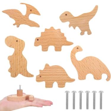 Imagem de LUMINFLY 6 maçanetas de madeira de dinossauro para gavetas, puxadores de madeira de faia com parafusos, puxadores de armário divertidos para quartos infantis, berçários e cozinhas