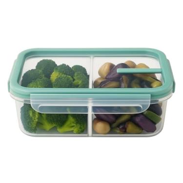 Imagem de Pote de Armazenamento de Alimentos com Divisória, Recipiente Plástico Hermético Verde Água, 2 Compartimentos para Vegetais e Legumes