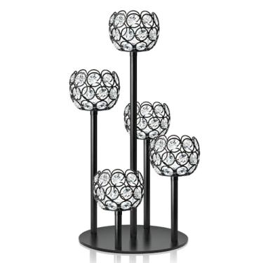 Imagem de Kolnlala Peça central de candelabro de cristal com 5 braços, suporte de vela de metal de 14,8 polegadas para decoração de mesa, casamento, Natal, festa, aniversário e decoração de casa (1, preto, P