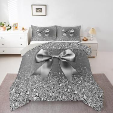 Imagem de Conjunto de edredom fofo com laço e laço de princesa sonhadora, conjunto de cama casal, com laço de aquarela com glitter cinza e diamante, tamanho casal, kawaii, geométrico, gravata borboleta