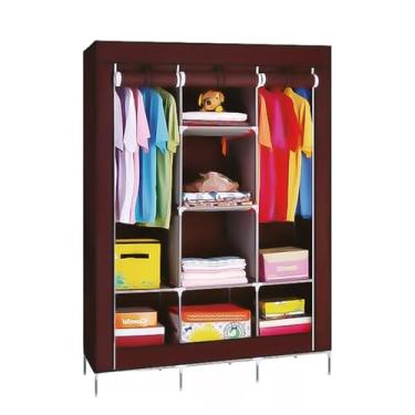 Imagem de Guarda-Roupa Portátil com 3 Compartimentos, Organizador de Roupas Marrom, Armário Desmontável com Prateleiras e Cabideiro