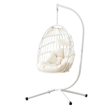 Imagem de CFMAIF Cadeira suspensa de vime de vime para pátio, cadeira de ovo para ambientes internos/externos com suporte, cadeira de rede para quarto, varanda e jardim (branca)