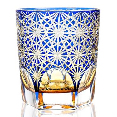 Imagem de SANMENMO Copo de uísque Kiriko Edo Tokyo feito à mão, vidro de corte colorido de camada dupla, copo de cristal, presente japonês para coquetéis e amantes de rum - 1 xícara de 250 ml