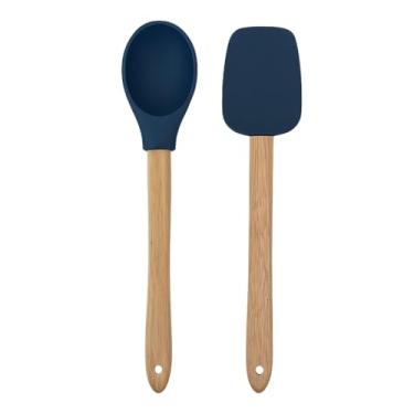 Imagem de Kit de Utensílios de Cozinha com Colher e Espátula de Silicone Cabo de Bambu Resistente ao Calor para Panelas Antiaderentes