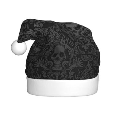 Imagem de QWEHHEVG Victorian Gothic Black Skull Plush Christmas Hats Unisex Classic Santa Hat with White Fuzzy Pom Pom, for Holiday Photos, Christmas Caroling, and Party Decor