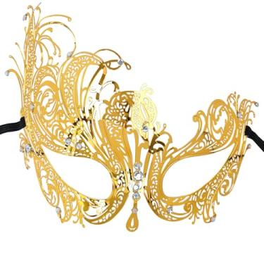 Imagem de J.CARP Máscara de baile de máscaras para mulheres, máscaras de metal com strass brilhantes, máscara de festa veneziana, decorações de carnaval, ouro estilo 1