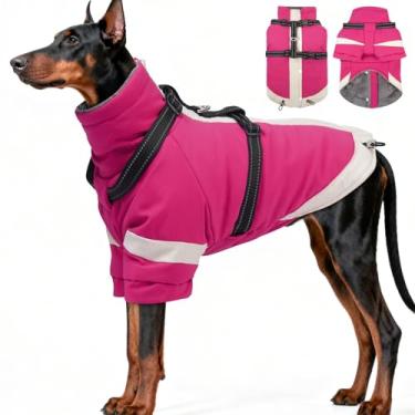 Imagem de Casaco para cães 3GG com arnês refletivo 2 em 1 para passear com cães | Casaco de inverno com gola rolê à prova de vento para cães grandes, roupa de neve com mangas que protegem as juntas, roupas para