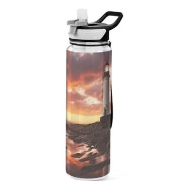 Imagem de ATTX Garrafa de água Sunset Lighthouse, 946 ml, à prova de vazamento e livre de BPA, garrafas de água reutilizáveis de plástico Tritan para viagens, academia, corrida (435)