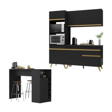 Imagem de Cozinha Compacta Com Bancada Americana/mesa Veneza Multimóveis Mp2211 Preto/dourado Preto/dourado