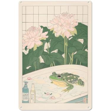 Imagem de Pôster de sapo japonês na banheira 20 x 30 cm arte de parede de alumínio - Sapo Kawaii em banho de espuma com flores de cerejeira Onsen apanês em um design decoração Onsen tradicional para banheiro e