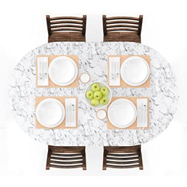 Imagem de UMINEUX Toalha de mesa de vinil oval ajustada com borda elástica e forro de flanela, tampa de mesa oval lavável à prova d'água - serve para mesas de até 102 x 168 cm (WhiteMarble)