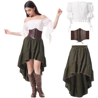 Imagem de Fantasia renascentista feminina medieval pirata saia camisa espartilho luvas vitoriana Ren Faire roupa para Halloween (2GG)