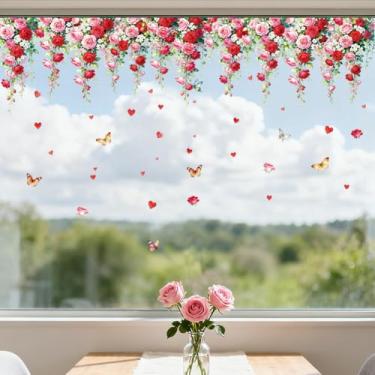 Imagem de ANATTASOUL Adesivos de janela estática vinhas rosas e borboletas 1 folha de decalques de janela reutilizáveis para vidro, 120 cm x 30 cm adesivo de janela dupla face removível para quarto, escritório